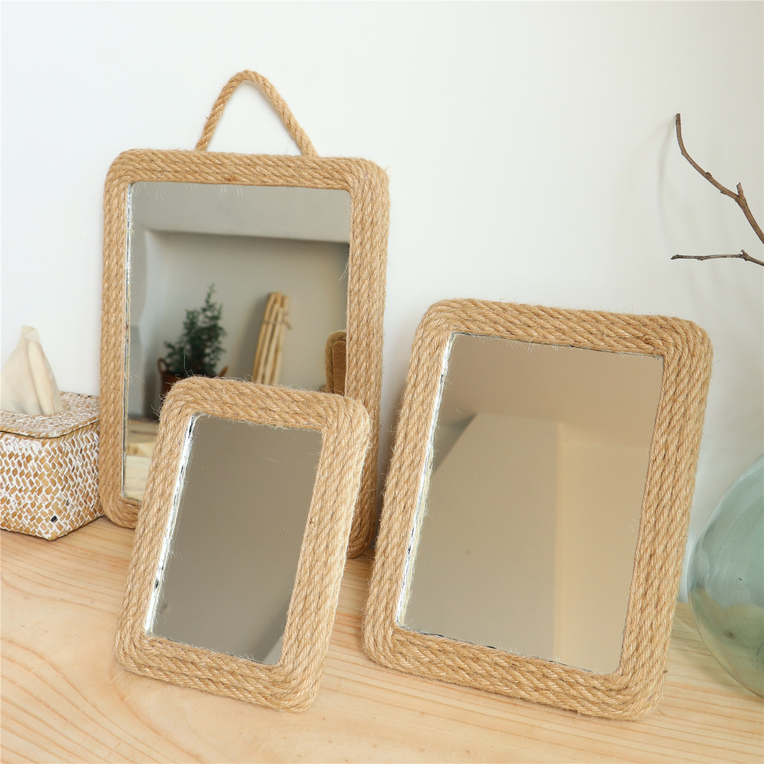手工麻绳草编方形可挂墙化妆镜