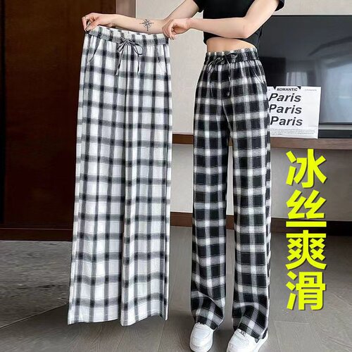 阔腿裤女夏季薄款高腰垂感宽松显瘦休闲百搭学生直筒冰丝格子裤潮