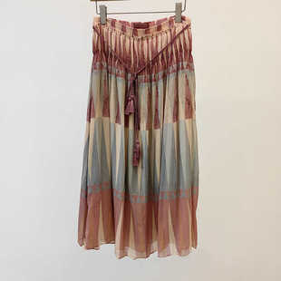 仙美 纯元 设计师 棉彩色几何拼色长半裙波西米亚半身裙 法式 真丝