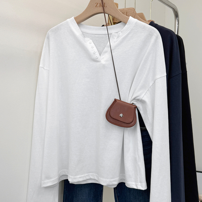 半开领棉感长袖t恤女2026早春松弛宽松遮肉打底衫雪花棉V领上衣潮