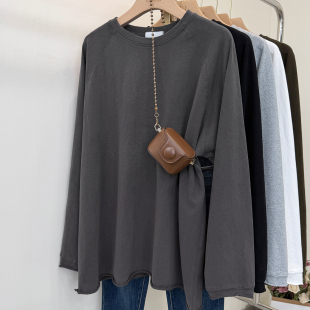 遮肉复古插肩袖 打底衫 上衣 纯棉t恤女秋冬束口长袖 卷边设计中长款
