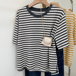 复古撞色条纹风短袖 t恤女宽松圆领百搭上衣黑白条棉感小个子上衣