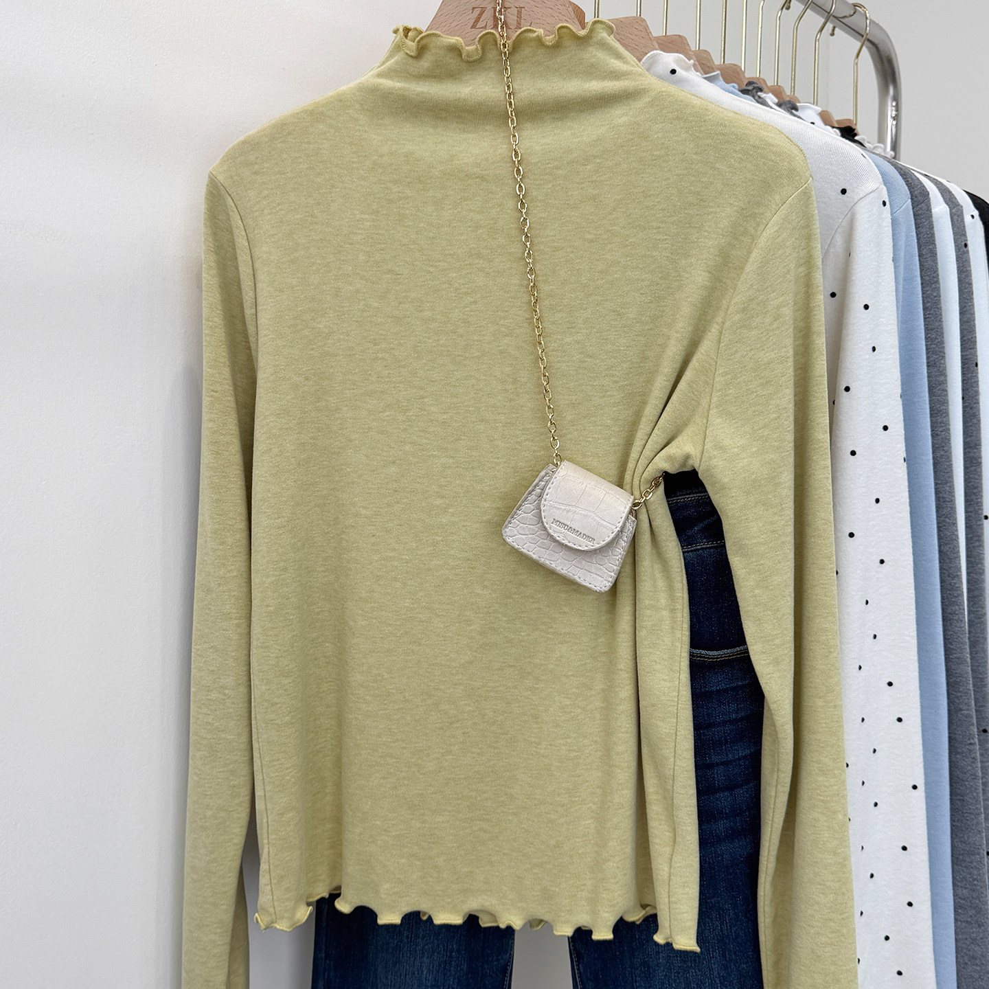 温柔风木耳边半高领长袖t恤女2026新款磨毛修身打底衫卷边上衣ins