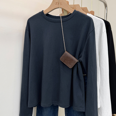 轻薄舒适雪花棉长袖t恤女净版简约后背明线打底衫春秋宽松上衣ins