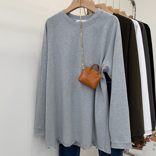 内搭圆领纯色搭配鲨鱼裤 t恤女早春新款 上衣潮 遮屁股长袖 卷边大版