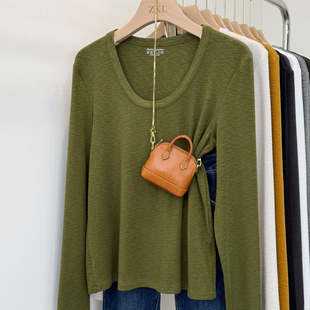舒适弹力雪花棉t恤内搭弹力上衣 女2025冬季 复古u领弹力长袖 打底衫