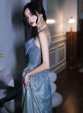 星空晚礼服2024新款夏季蓝色长款亮片一字肩主持人合唱指挥礼服女