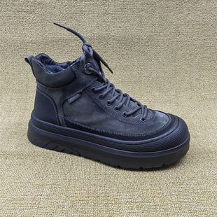 2025冬季新款真皮高帮鞋男厚底侧拉链羊毛保暖手工上线户外休闲鞋