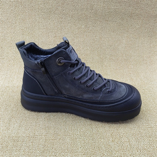 2025冬季新款真皮男鞋高帮休闲鞋侧拉链防滑羊毛保暖户外鞋皮鞋