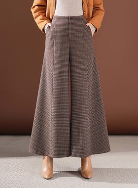 格子毛呢阔腿裤裙裤女秋冬季高腰休闲裤垂坠宽腿裤甩裤保暖厚靴裤