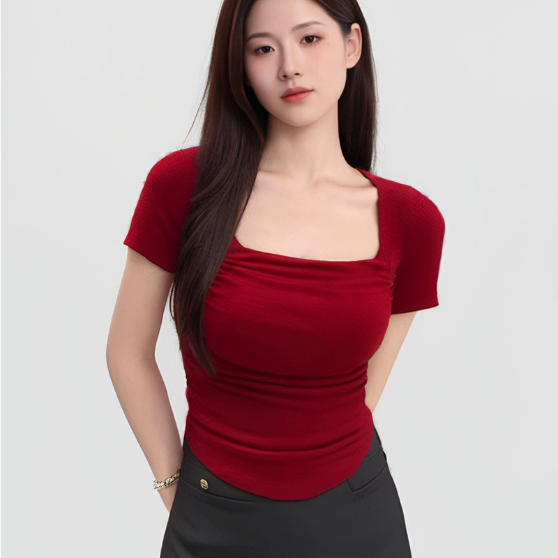 方领短袖t恤女褶皱收腰短款上衣