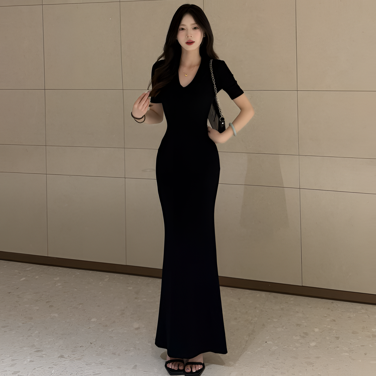 法式性感修身v领连衣裙子女夏2026新款爆款收腰显瘦鱼尾包臀长裙