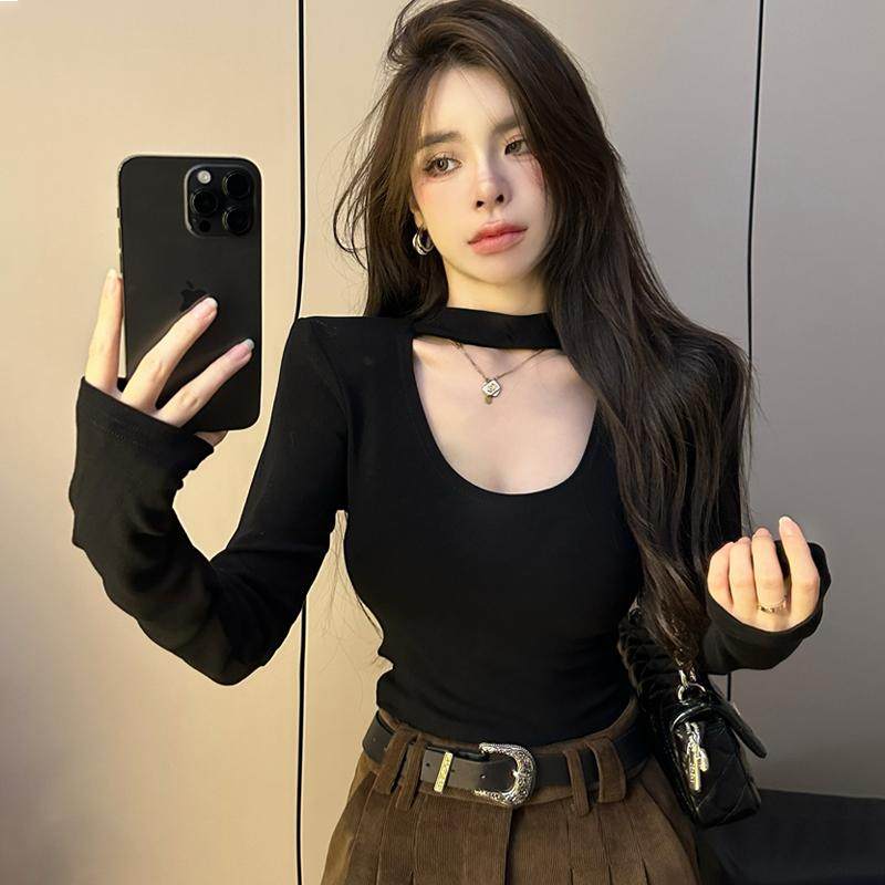 辣妹德绒挂脖长袖T恤女秋冬季