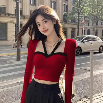 撞色挂脖设计感修身小众短款上衣