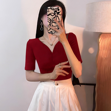 黑色设计感锁骨v领短袖t恤女夏季法式复古修身显瘦高级感别致上衣