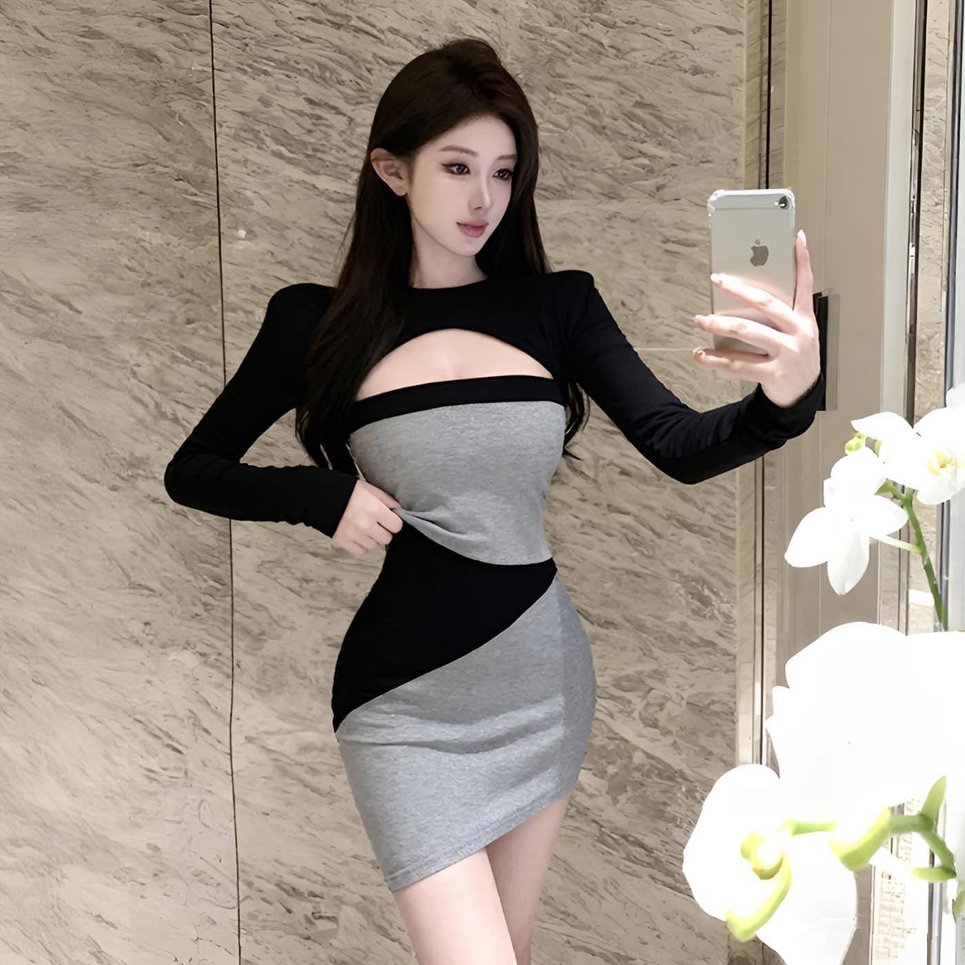 高级感时尚撞色拼接连衣裙女秋冬御姐性感镂空抹胸紧身包臀短裙子