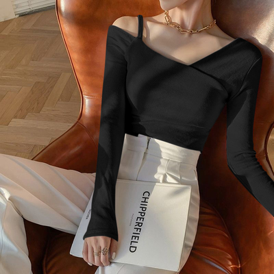 白色打底衫斜领性感露肩上衣女