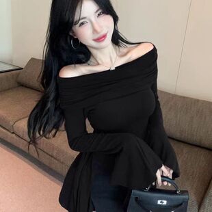 一字肩不规则黑色长袖t恤女秋御姐辣妹性感上衣喇叭袖打底衫内搭
