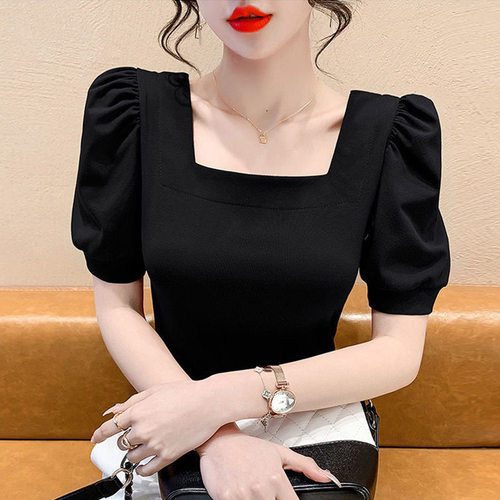 法式方领泡泡袖上衣女