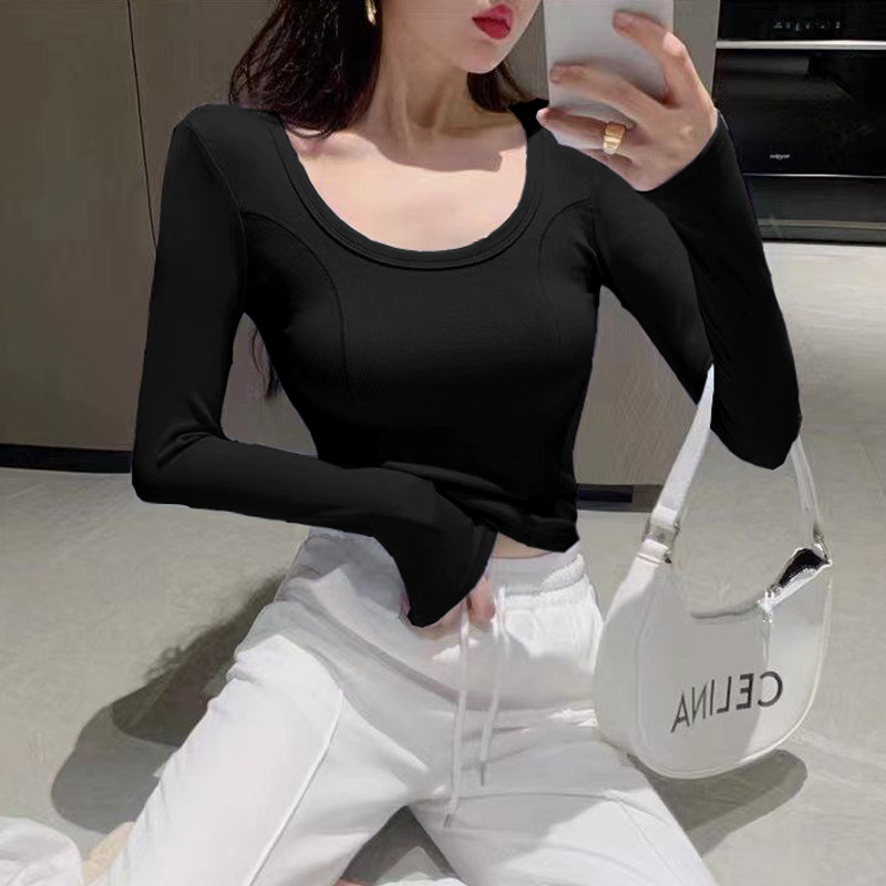 秋季黑色打底衫圆领正肩t恤性感低领上衣女心机辣妹短款内搭长袖
