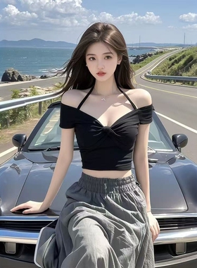 黑色短袖t恤女夏季2025新款爆款衣服设计感独特漂亮短款挂脖上衣