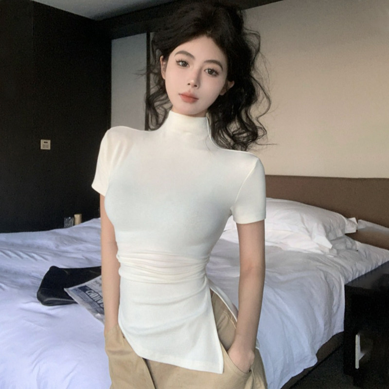 辣妹风开叉半高领打底短袖T恤女夏季2025新款收腰显瘦不规则上衣