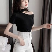 斜肩挂脖性感镂空上衣女2022年夏季 T恤 紧身短袖 气质修身 显瘦半袖