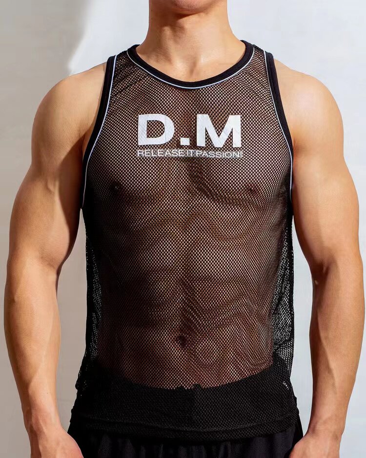 DM 남성 조끼 메쉬 패션 트렌드 스포츠 여름 통기성 조끼 민소매 섹시한 간단한 문자 느슨한