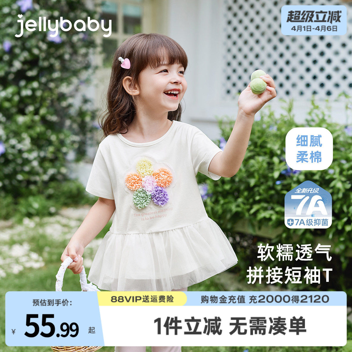 [7A抗菌]女童t恤夏季宝宝透气时髦上衣小童圆领薄夏装潮儿童短袖