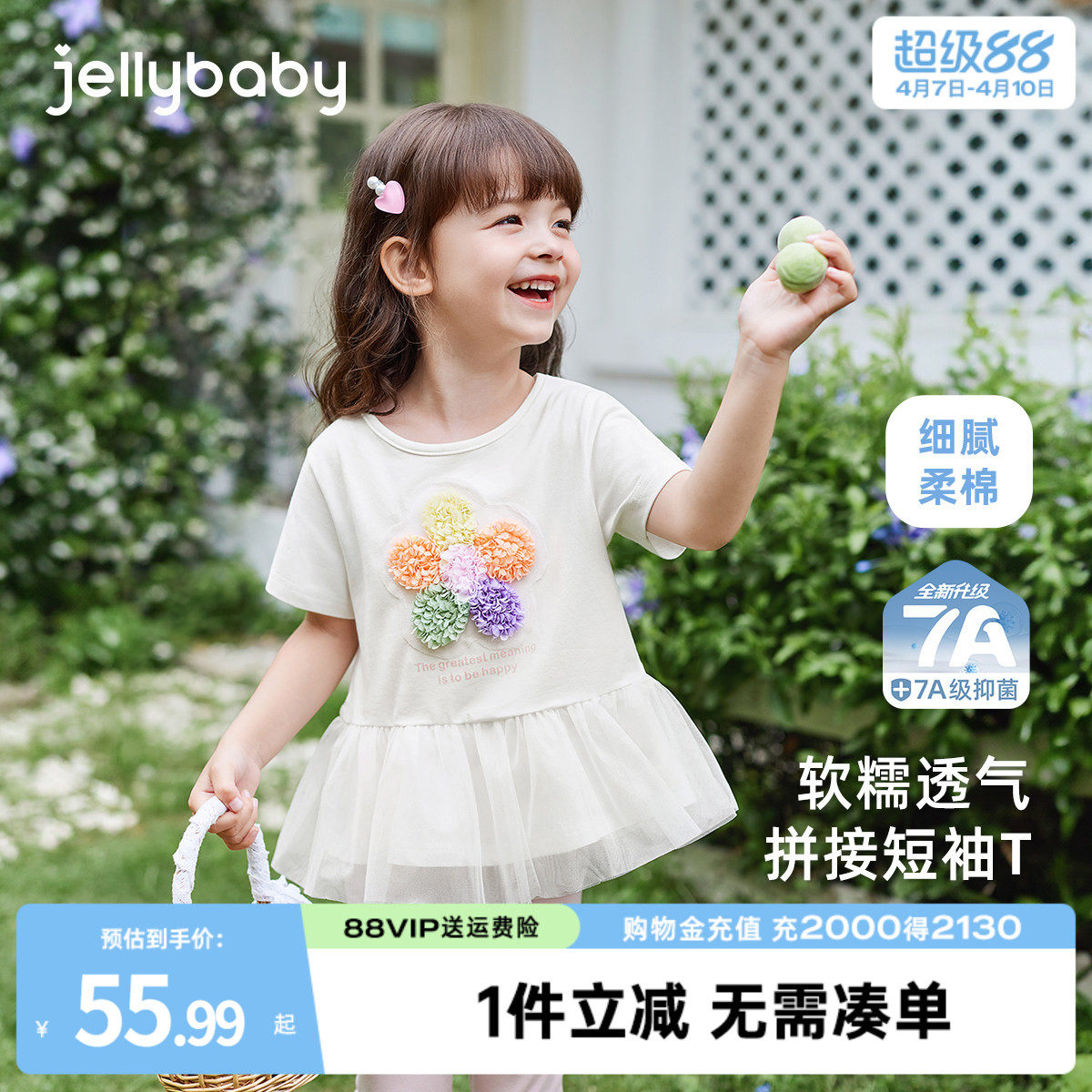 [7A抗菌]女童t恤夏季宝宝透气时髦上衣小童圆领薄夏装潮儿童短袖