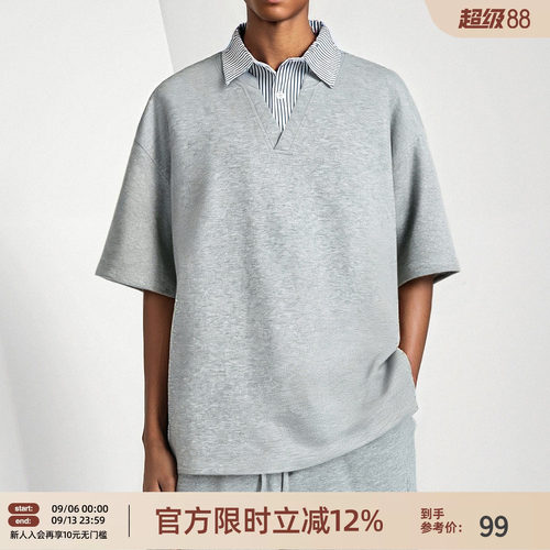 美式假两件短袖t恤男宽松