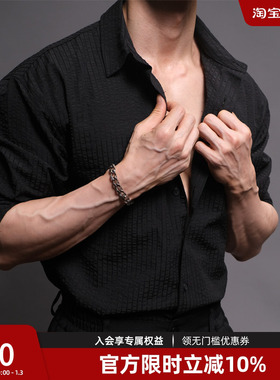 BD健美站老钱风白色长袖健身衬衫男士黑色泡泡纱休闲翻领外套男