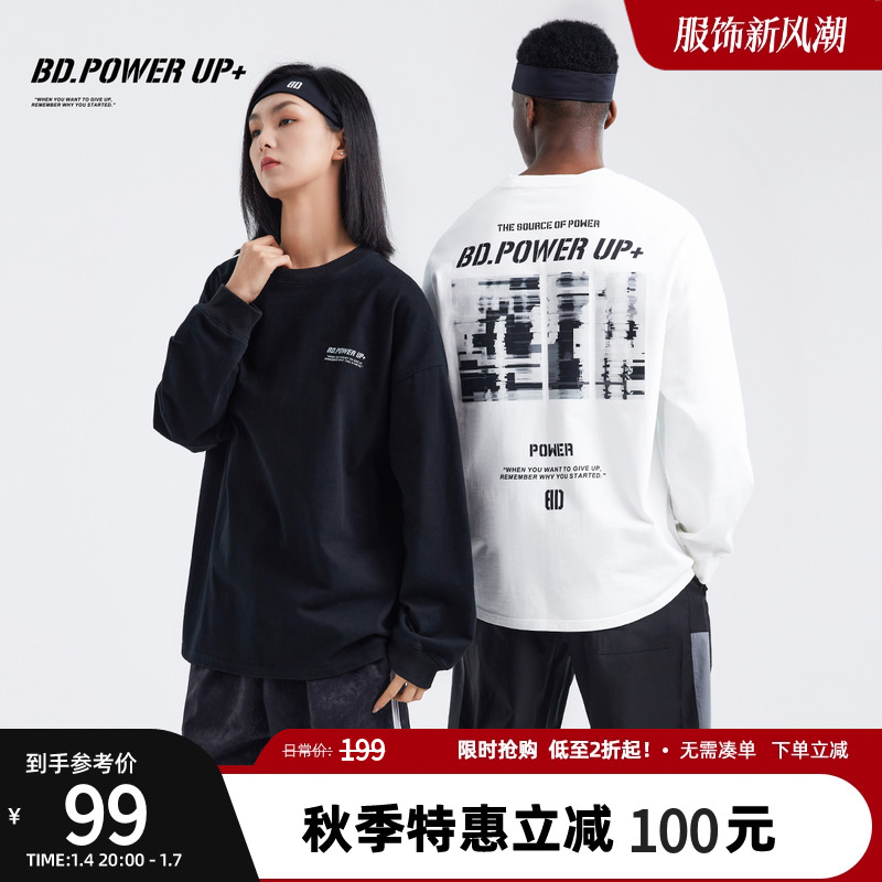 BD.POWER UP+新款运动纯棉t恤男长袖宽松纯棉t恤男长袖潮牌印花