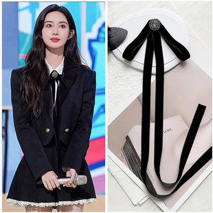 黑色丝绒蝴蝶结加长飘带胸针小香风外套领结别针女毛衣衬衫领花配