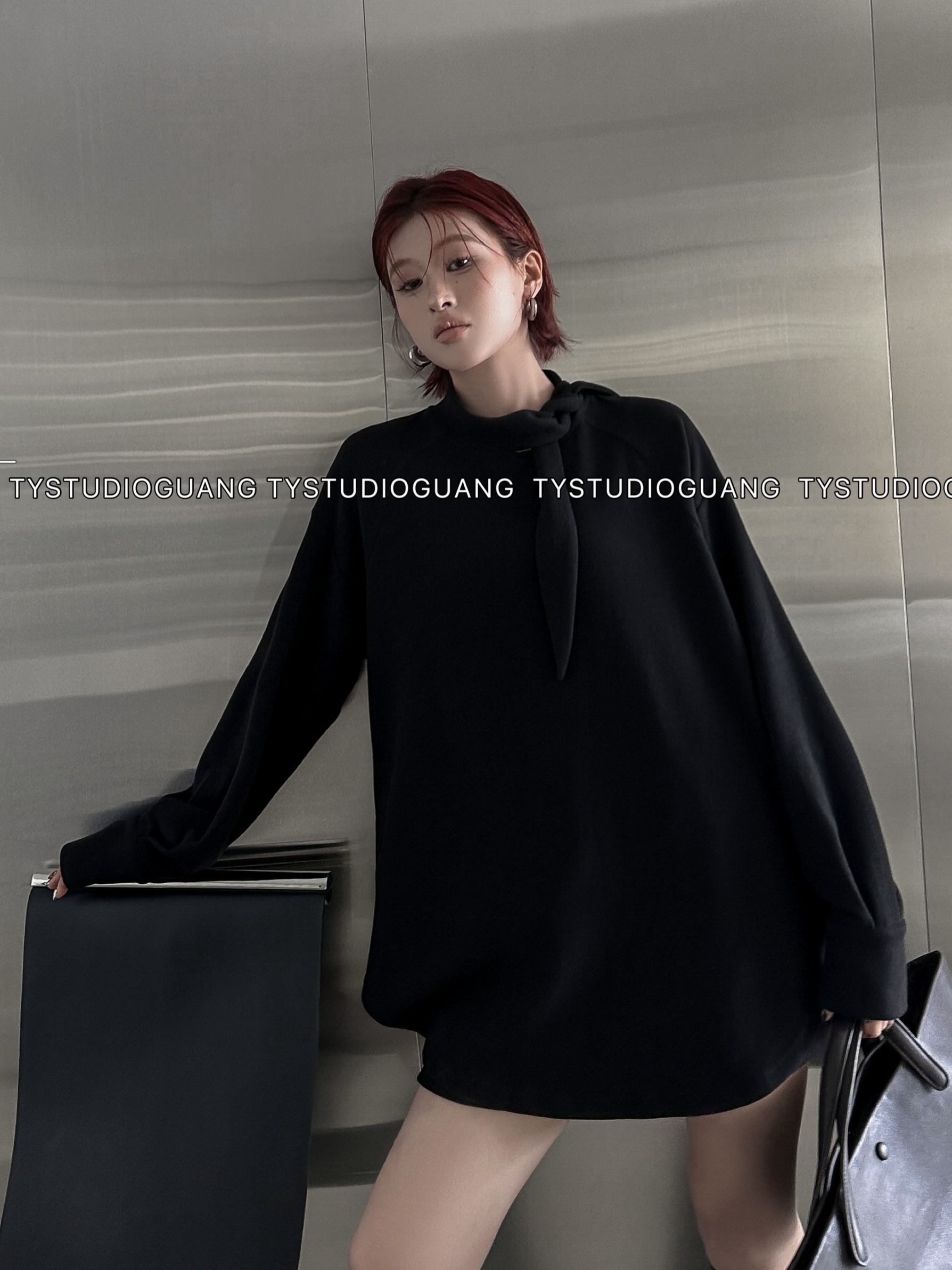 高级感长袖双面绒T恤女2025秋冬新款宽松带子开叉设计感小众上衣