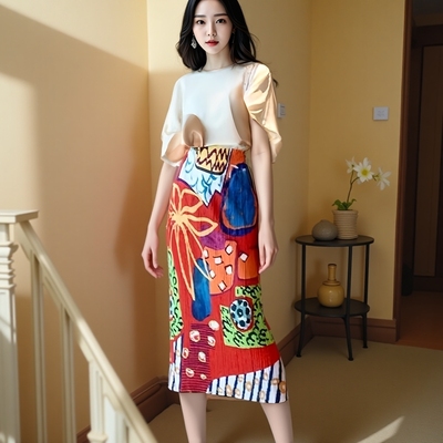 三宅夏季复古设计显瘦一生开叉流苏百褶裙半身裙中长裙通勤女裙