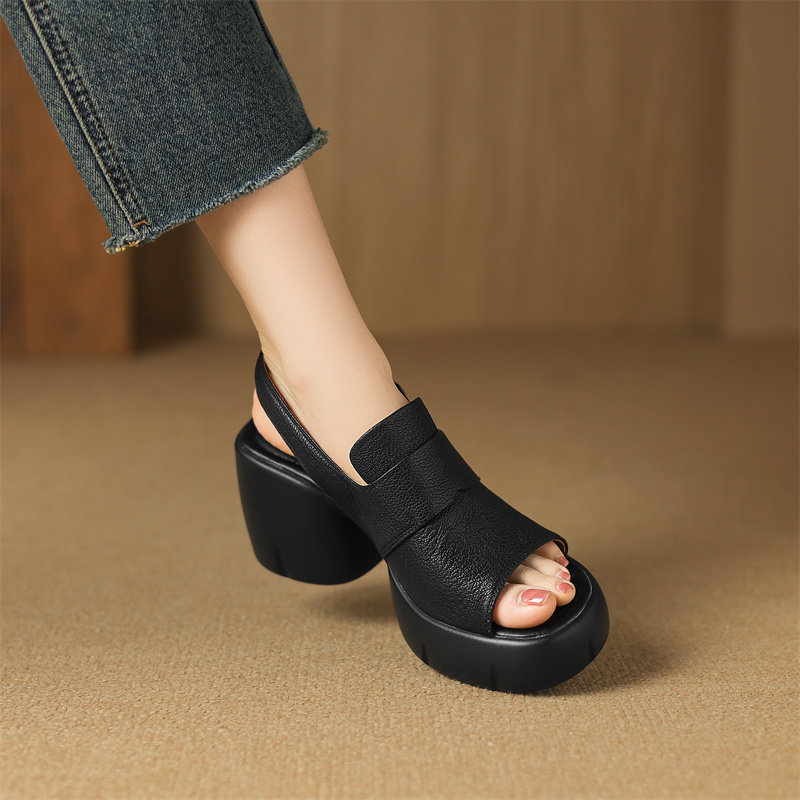 软羊皮~10cm高跟鱼嘴凉鞋女2025新款夏季百搭通勤粗跟厚底罗马鞋