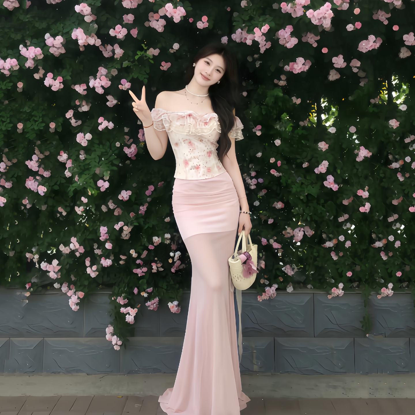 法式浪漫风一字肩碎花连衣裙女夏季度假风修身包臀鱼尾裙套装甜美