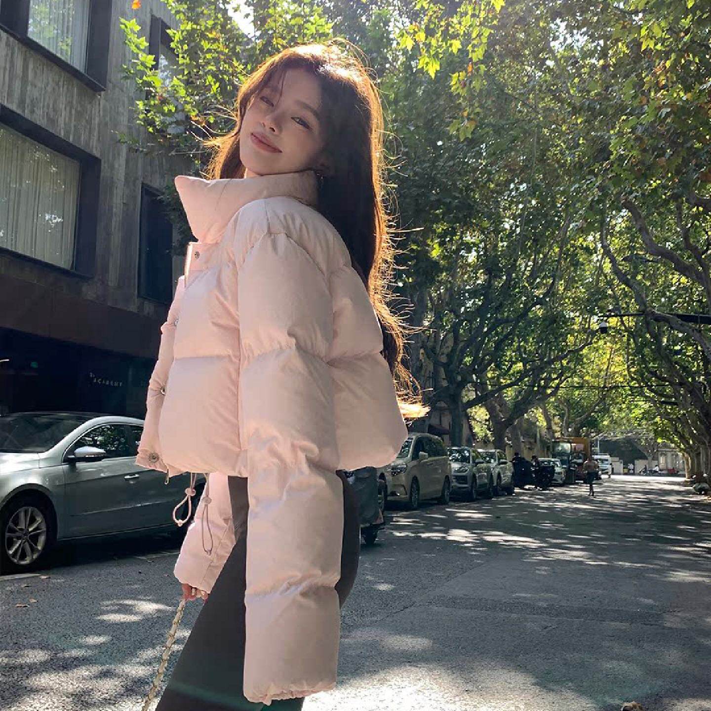 奶fufu粉色立领短款羽绒服女冬季90白鸭绒加厚外套