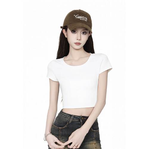 白色美式辣妹风正肩短袖t恤女2026夏季修身显瘦小飞袖短款上衣