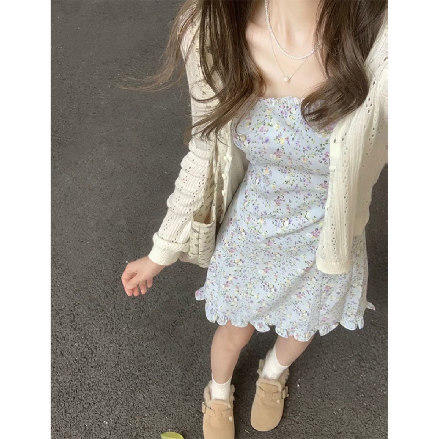 2026新款法式高级感小个子雪纺蓝色碎花吊带连衣裙两件套装女夏