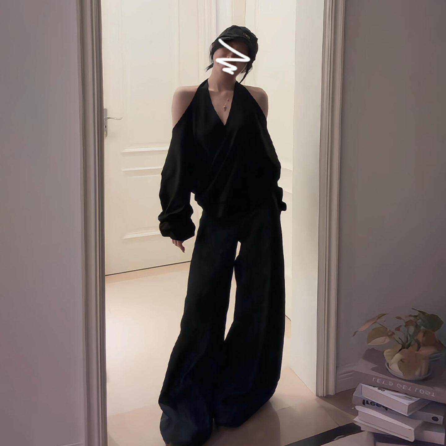 黑色v领挂脖吊带长袖上衣女2026超火早春新款爆款设计感小众t恤夏
