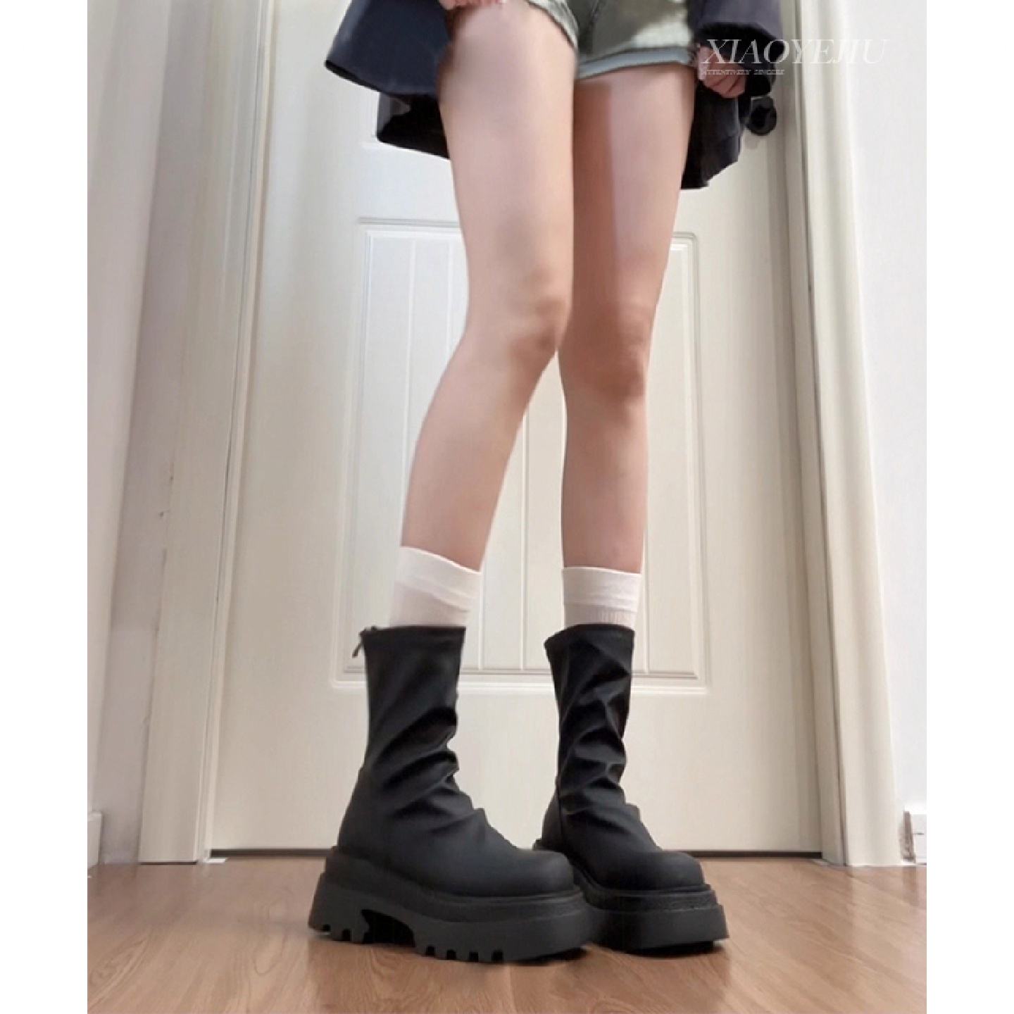 牛皮版厚底短靴女款2026新款秋冬小个子增高显瘦弹力瘦瘦靴堆堆靴