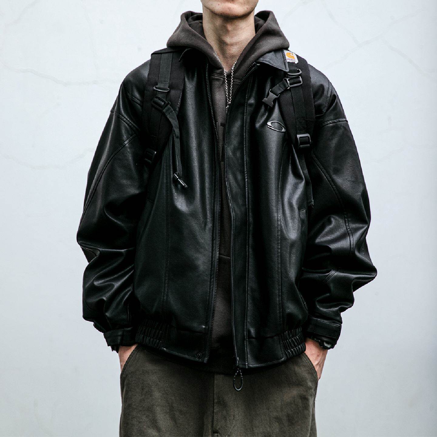 曼品质美式复古街头百搭质感黑色机车皮衣男士春秋季防风短款廓形