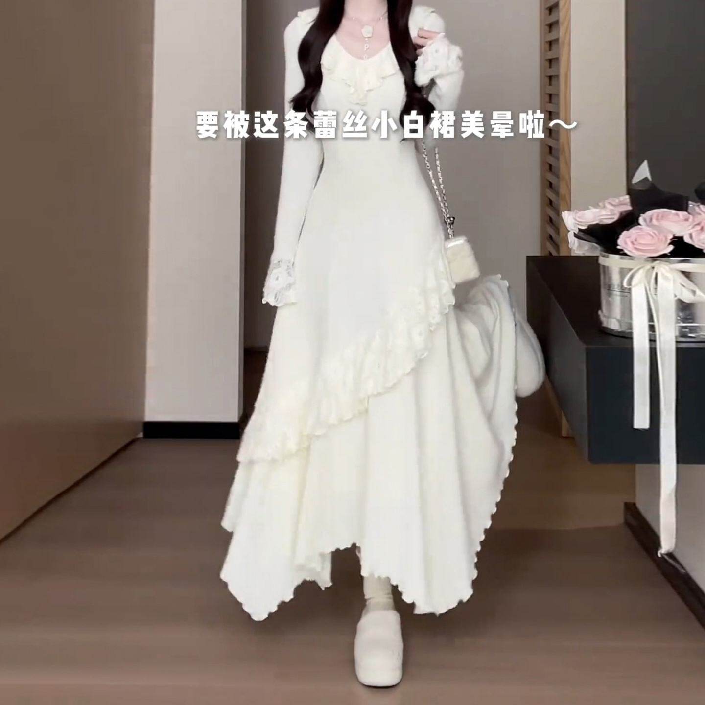 曼品质法式白色蕾丝长袖连衣裙子女初夏季2026新款小个子设计感收