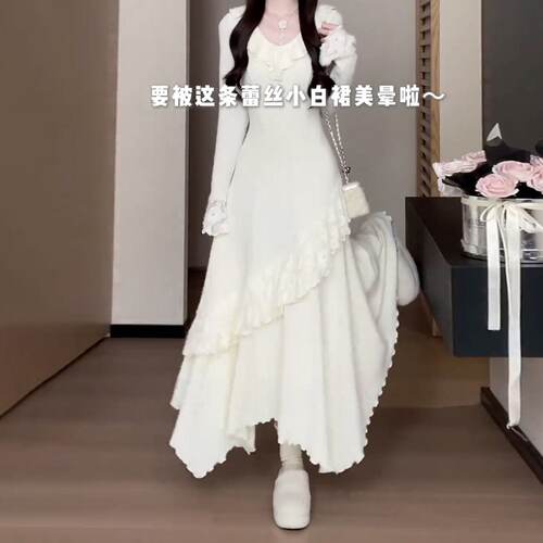 法式白色蕾丝长袖连衣裙子女初夏季2026新款小个子设计感收腰长裙