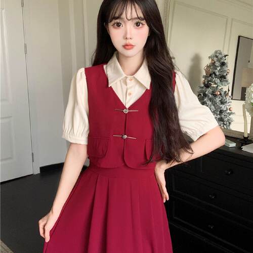 大码短袖连衣裙女夏季新款套装裙子假两件教资面试中学生礼服长裙