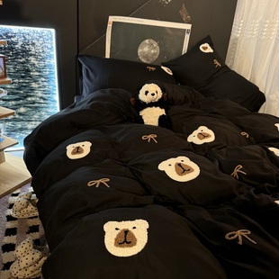 ins韩式 卡通蝴蝶结小熊刺绣水洗棉床上四件套纯黑色床单被套3件套