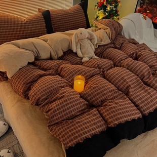 ins少女复古格子冬季 ab面牛奶绒蕾丝花边四件套加绒被套床单3件套