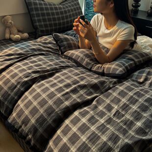 简约经典 被套宿舍寝室床单人三件套 灰格子云感棉四件套韩系花边款